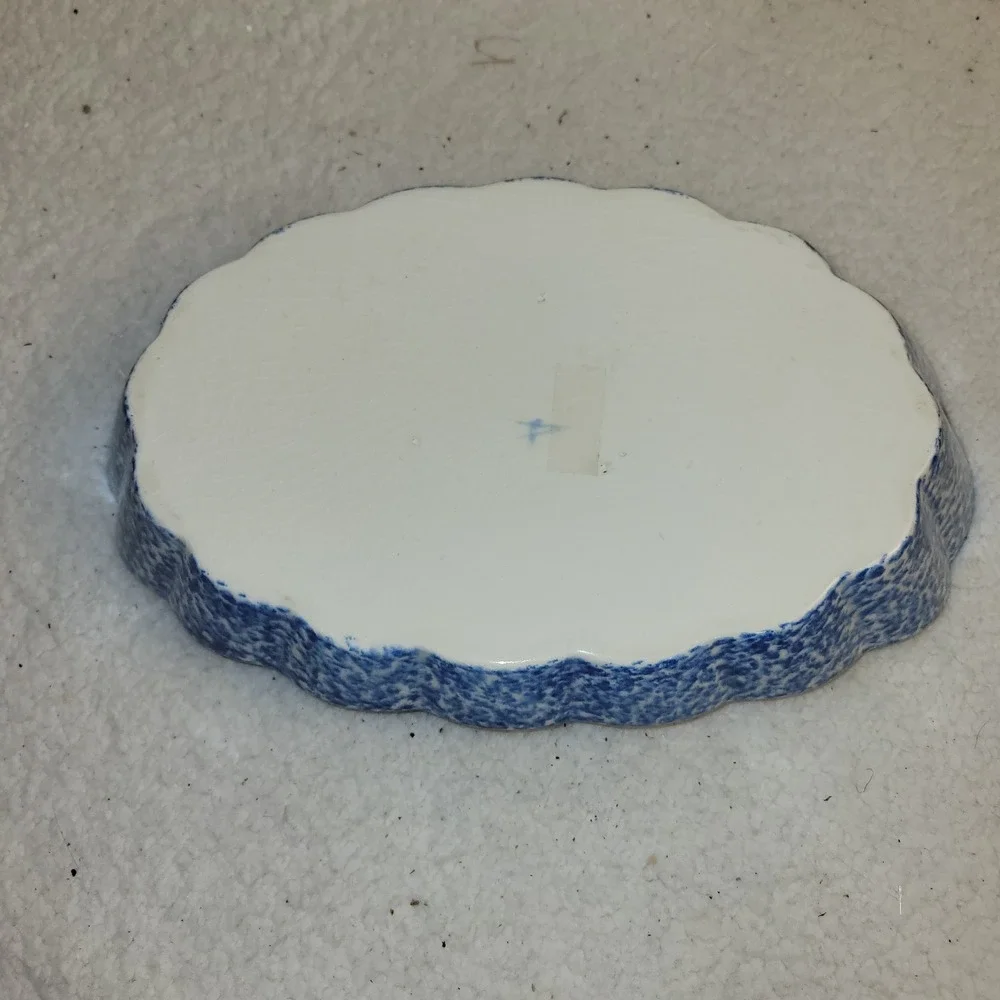 RARE‎ Gustin Co California Blue Spongeware Boat-shaped BOWL/CASSEROLE White Duck